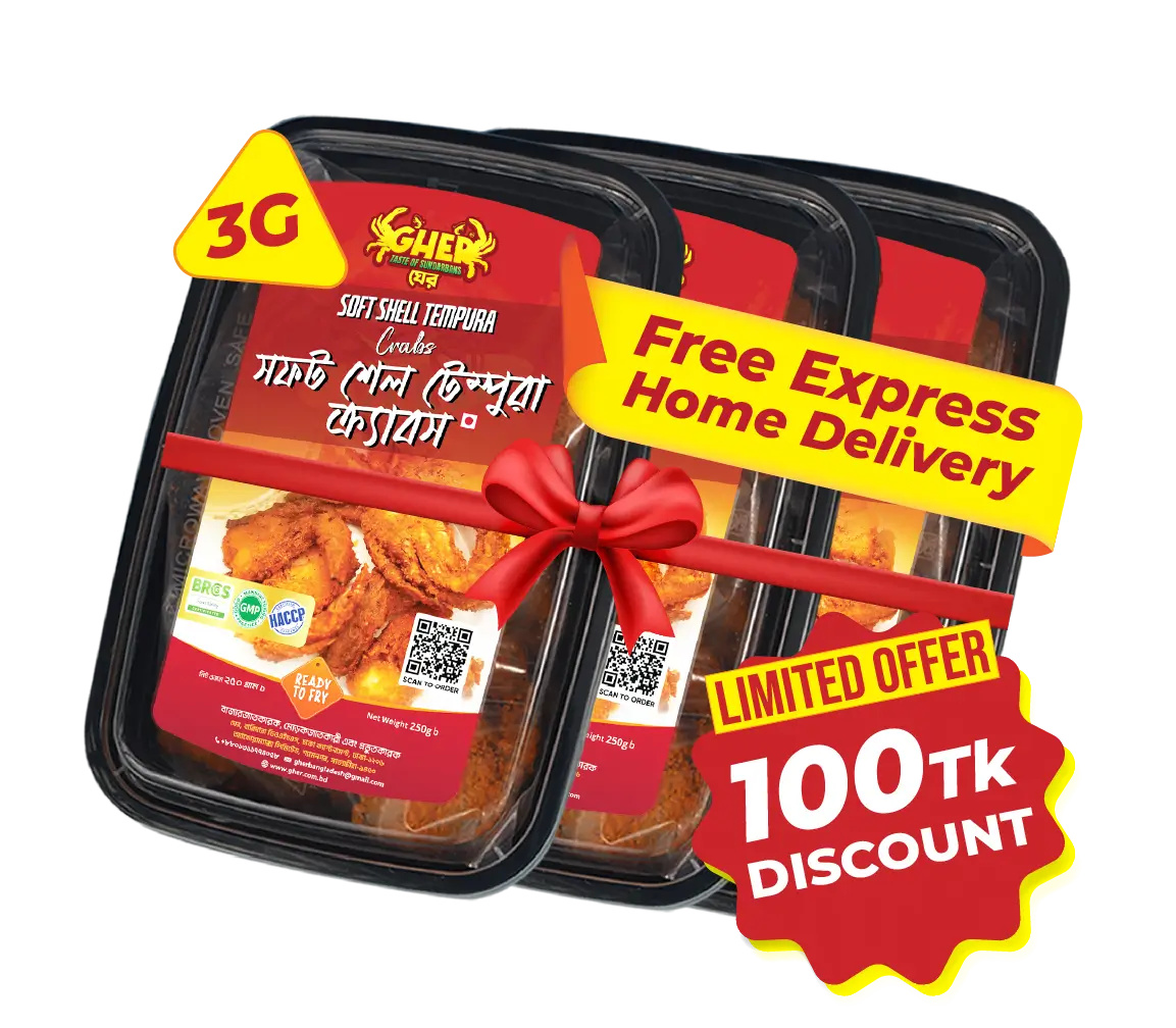 Soft Shell Tempura Crabs 3G Offer Gher Soft Shell Tempura Crabs . 100 taka discount on 3G pack_ Ready to Fry.