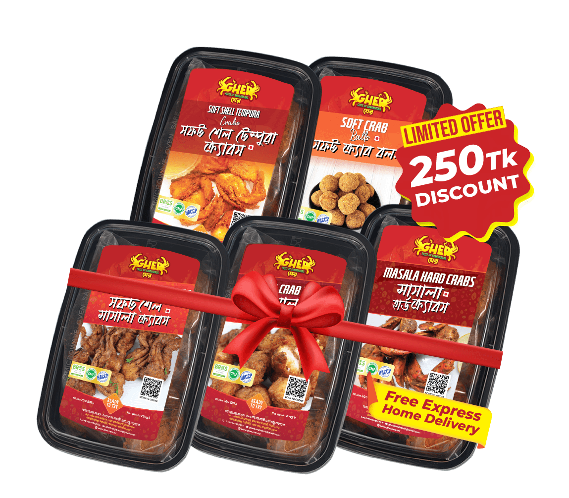 Family Fry Pack Soft-Shell Tempura Crabs +Soft Crab Balls + Soft-Shell Masala Crabs + Masala Crab Balls + Masala Hard Crabs = 5box combo pack