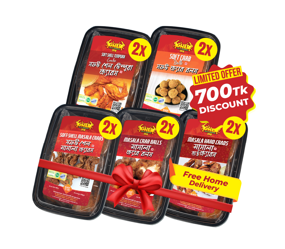 Gher_Soft-Shell Tempura Crabs*2 + Soft Crab Balls *2+ Soft-Shell Masala Crabs*2 +Masala Crab Balls *2+ Masala Hard Crabs *2 =10box combo pack _price 3480tk only