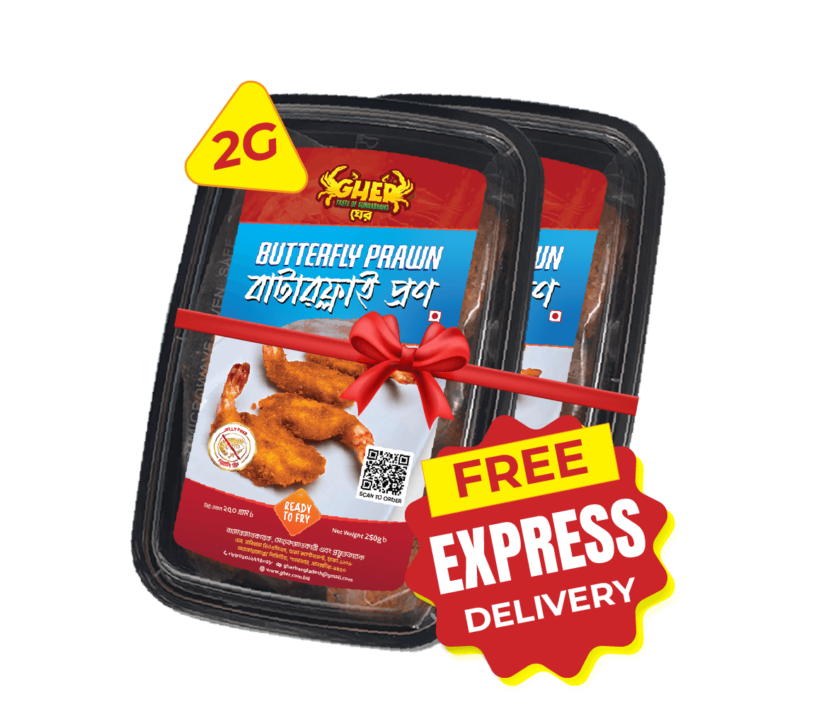 Gher Butterfly Prawn 2 Box Offer | Free Home Delivery Gher Butterfly Prawn 250g 2 box combo offer with free express home delivery in Bangladesh. Made with premium Black Tiger shrimp.