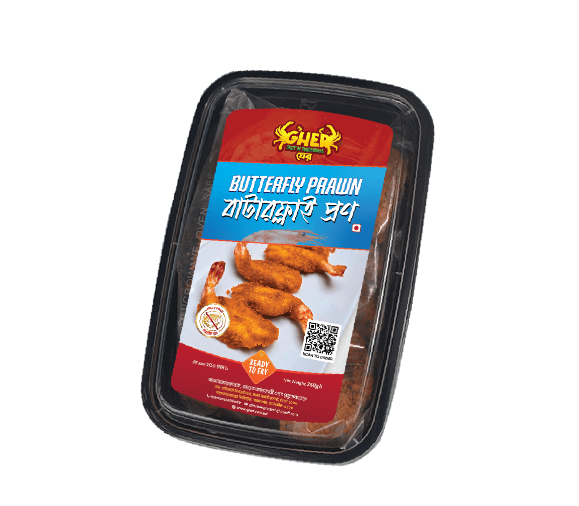 Gher Butterfly Prawn 250g made with premium Black Tiger shrimp, 4 box combo offer with ৳200 discount and free express home delivery in Bangladesh.