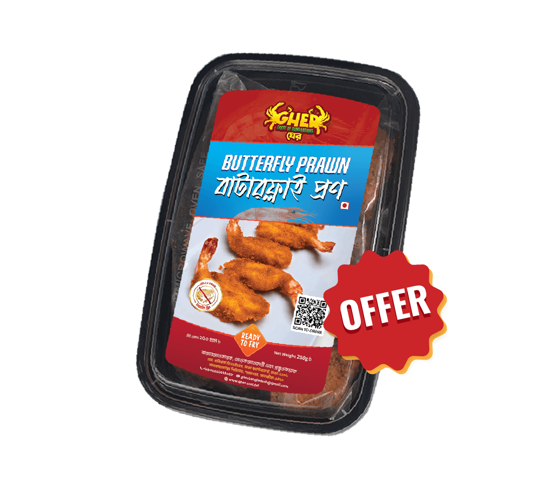 Gher Butterfly Prawn 250g made with premium Black Tiger shrimp, 4 box combo offer with ৳200 discount and free express home delivery in Bangladesh.