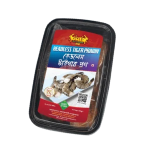 Gher Headless Black Tiger Prawn ready to cook premium frozen shrimp 250g available in Bangladesh.