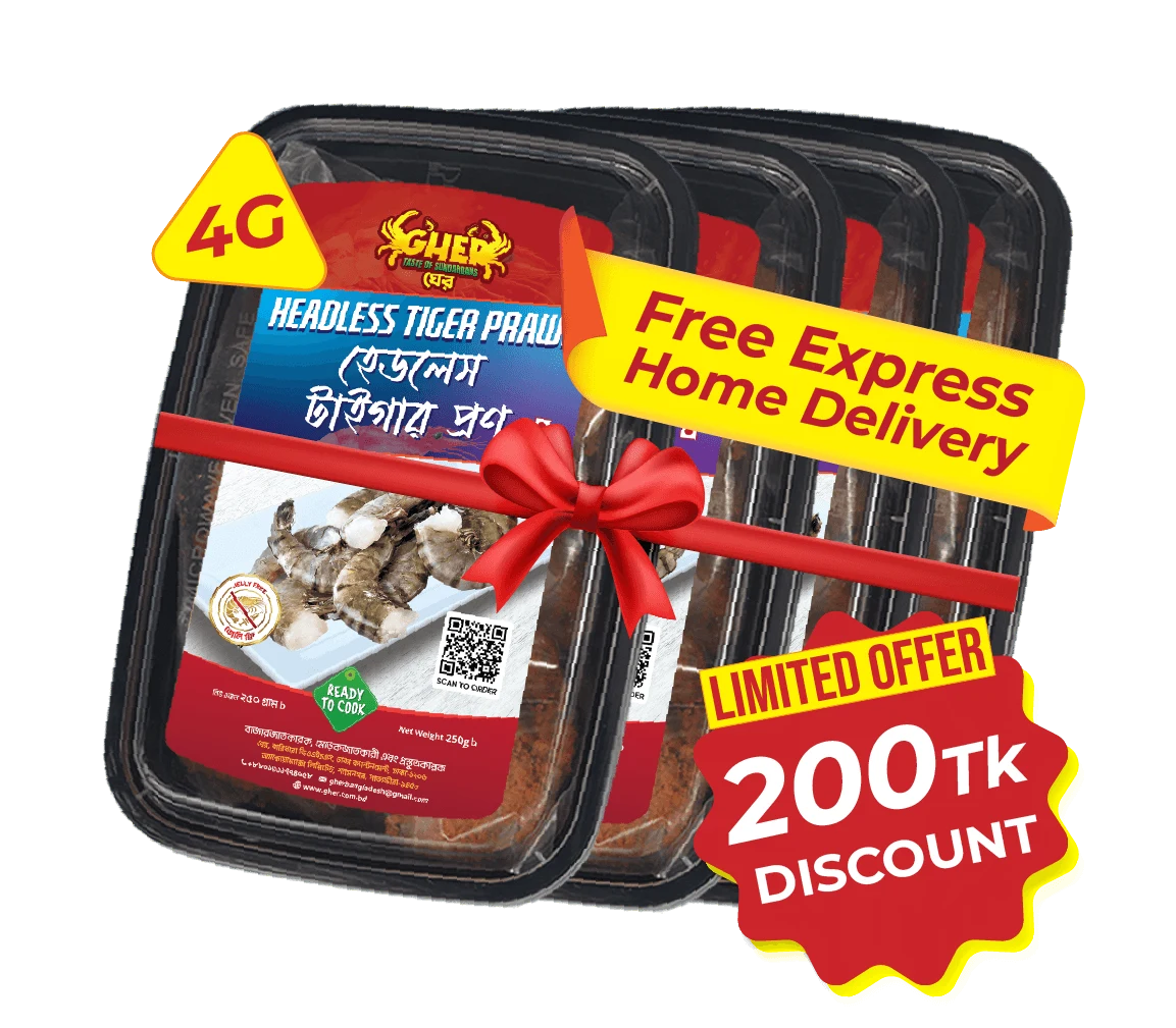 Gher Headless Tiger Prawn 4 box combo offer with ৳200 discount and free express home delivery in Bangladesh.