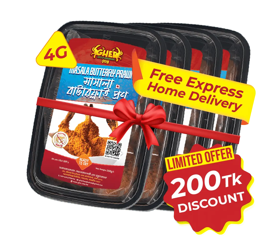 Gher Masala Butterfly Prawn 4 box combo offer with ৳200 discount and free express home delivery in Bangladesh.