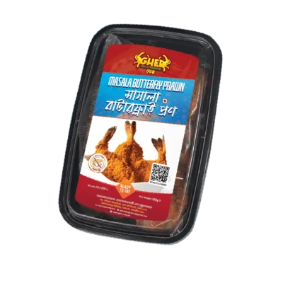 Gher Masala Butterfly Prawn made with premium Black Tiger shrimp, ready to fry frozen seafood 250g available in Bangladesh.