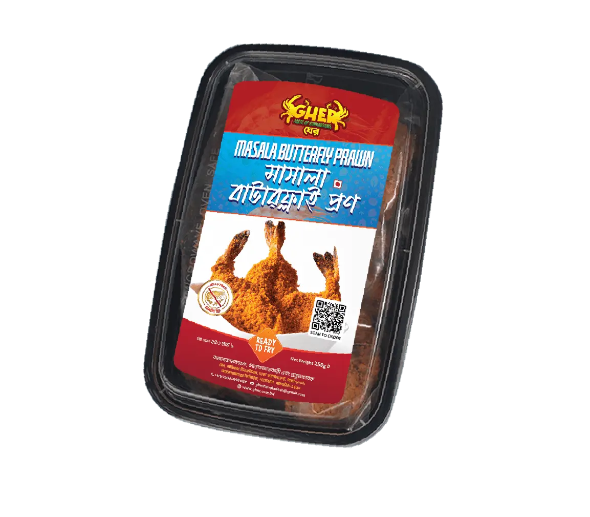 Gher Masala Butterfly Prawn made with premium Black Tiger shrimp, ready to fry frozen seafood 250g available in Bangladesh.