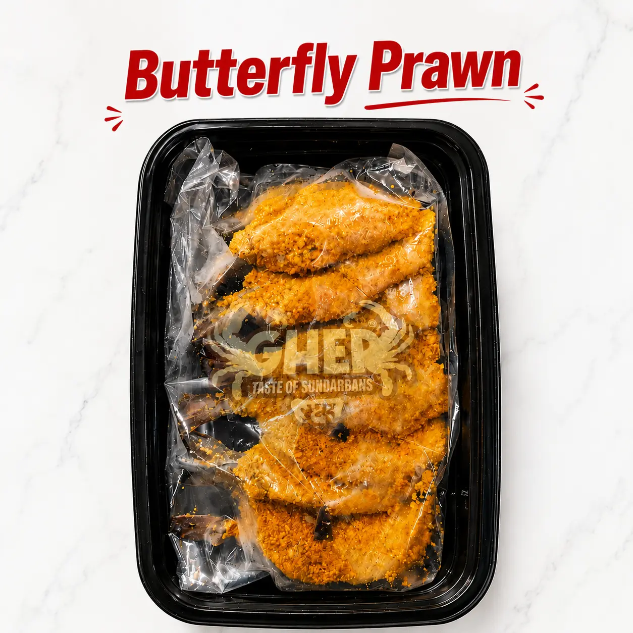 Gher Butterfly Prawn – Ready to Fry Black Tiger Shrimp Gher Butterfly Prawn ready to fry inside box